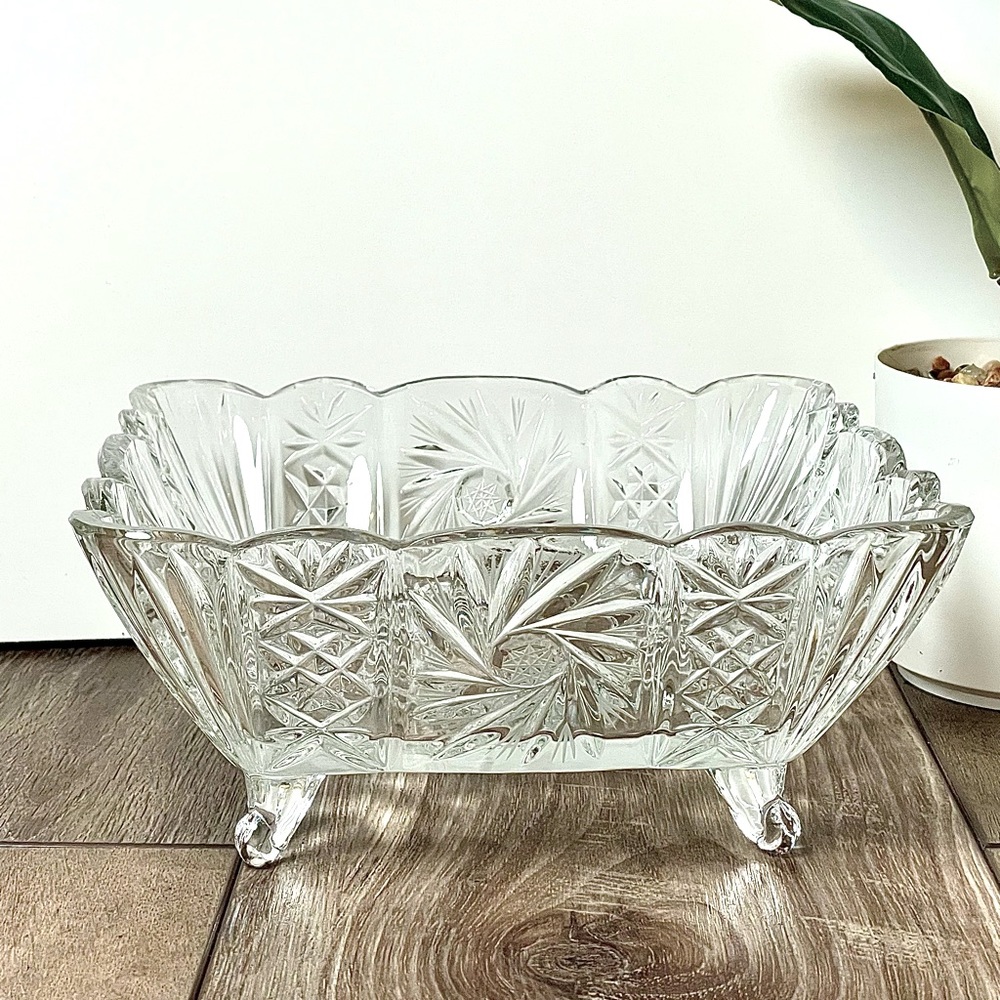 Vintage Square Lead Crystal Serving Bowl, Poland, Starburst Hobstar Pinwheel